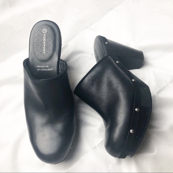 Rockport Shoes - Rockport Adidas Black Leather Platform Clogs Mules